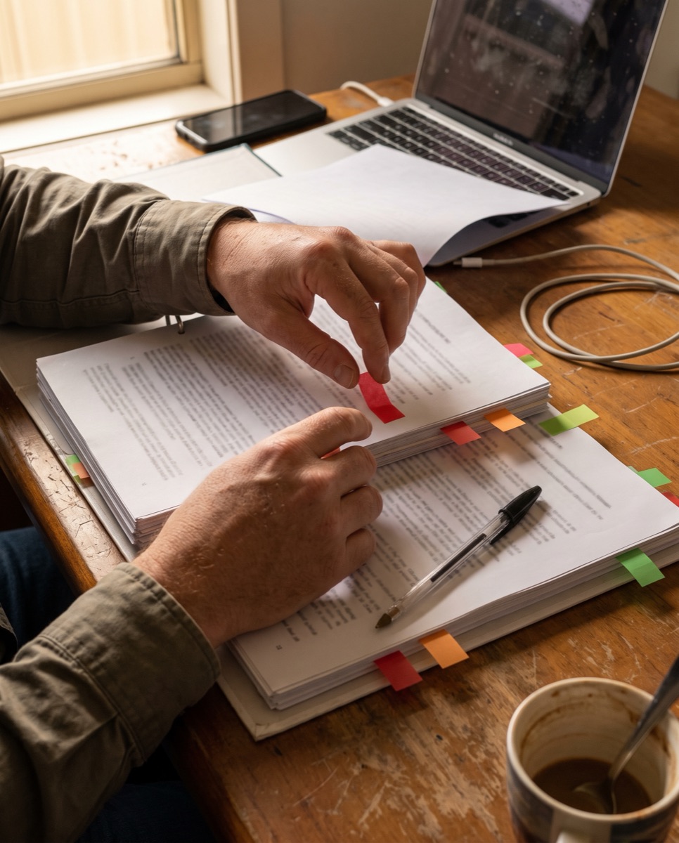 Hands marking a policy binder with coloured page markers