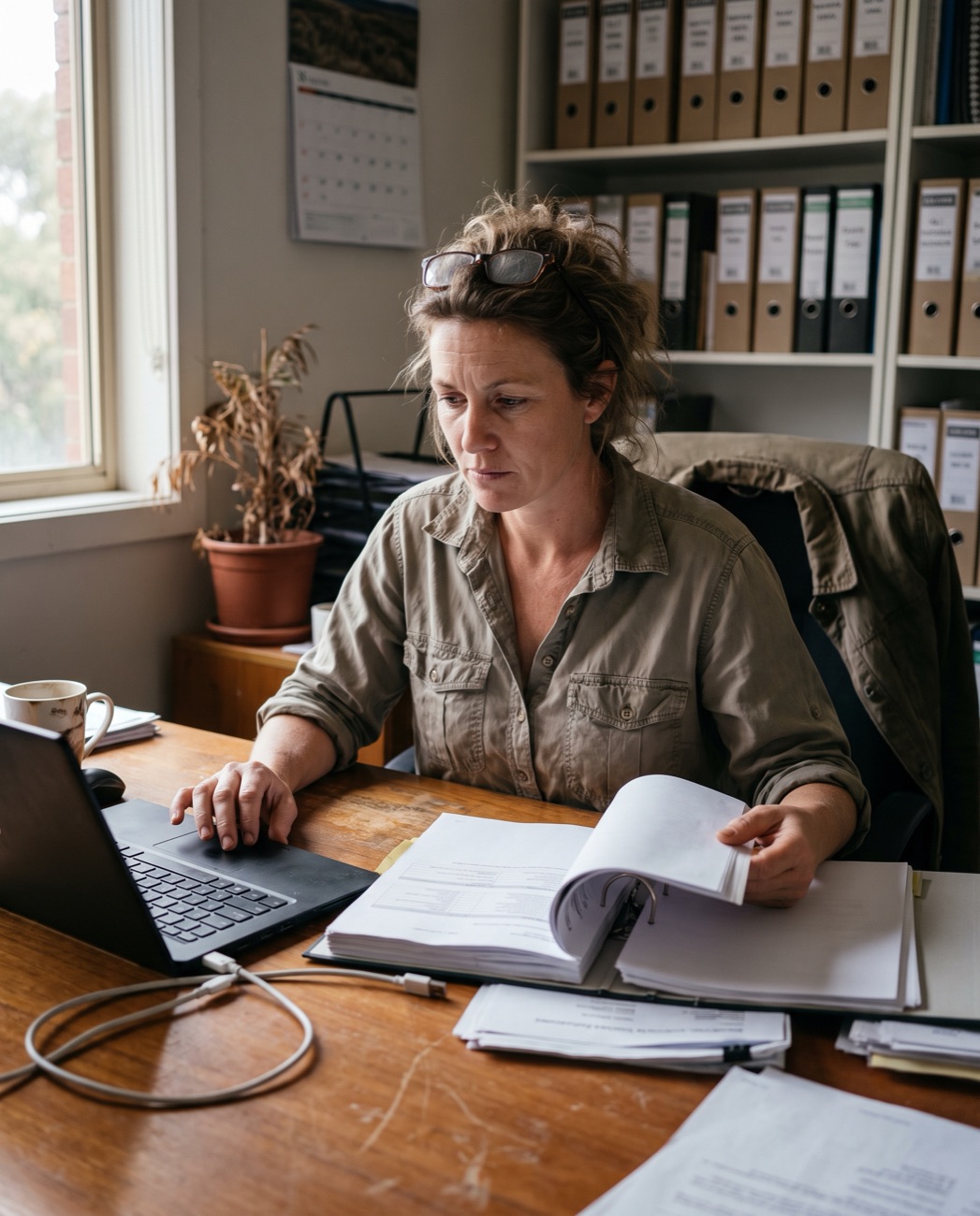 An NDIS provider owner working through her policy binder and laptop at her office desk
